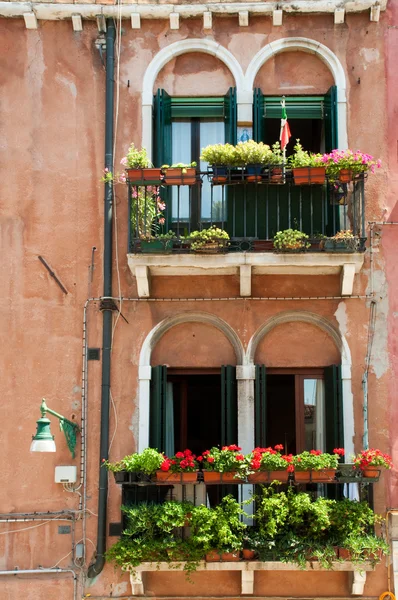 Typical Venetian windows with flowers at Venezia - Italy — Stock Photo, Image