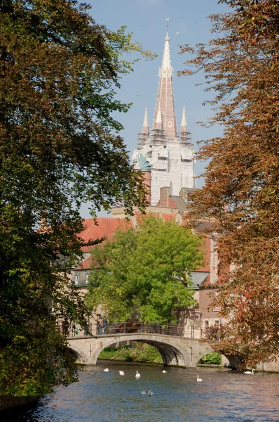 Dzwonnica katedry Notre dame i kanał w brugge - Belgia — Zdjęcie stockowe