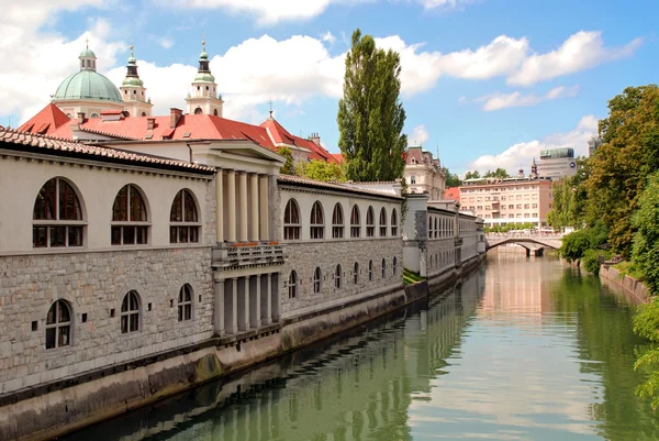 Trh pasáž a Lublanici řeky v Lublani — Stock fotografie