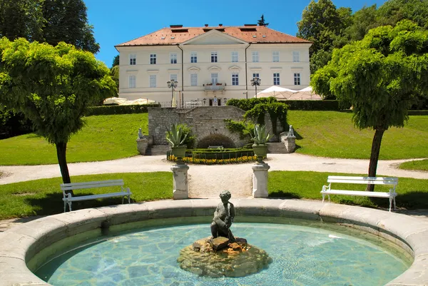 Tivoli 城堡和卢布尔雅那的喷泉 免版税图库照片