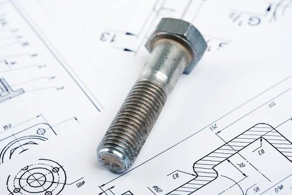 stock image Screw bolt on a paper plan
