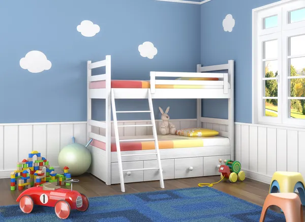 Голубая детская комната с игрушками — стоковое фото