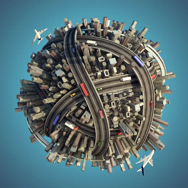 Miniatuur chaotische stedelijke planeet geïsoleerd — Stockfoto