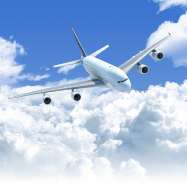 Airplane flying over the clouds front top view clipart