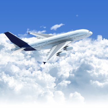 Airplane flying over the clouds side top view clipart