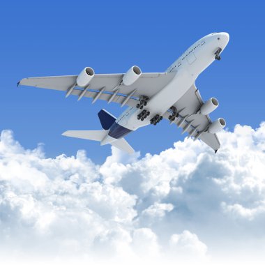 Airplane flying over the clouds after takeoff clipart