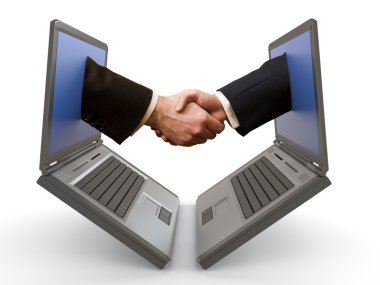 Hand shake between laptops clipart