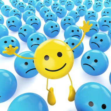 Yellow jumping smiley between sad blues clipart