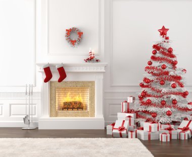 White and red christmas fireplace interior clipart