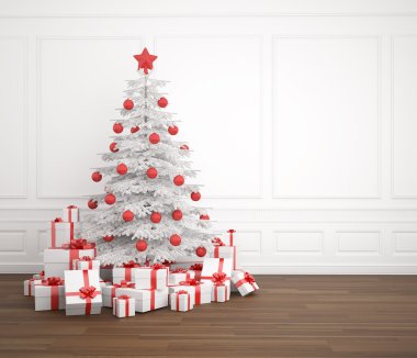 White and red christmas tree in empty room clipart