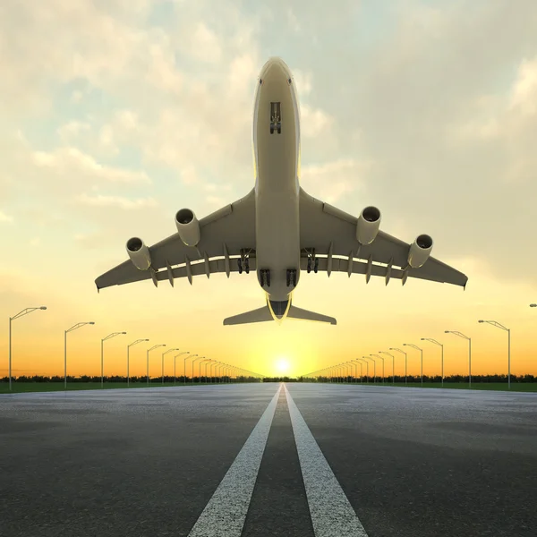Opstijging vliegtuig op luchthaven bij zonsondergang — Stockfoto