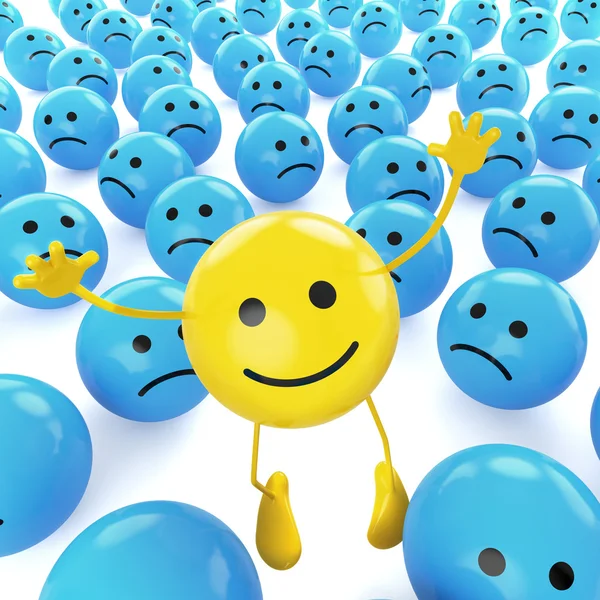Amarelo saltando sorridente entre azuis tristes — Fotografia de Stock