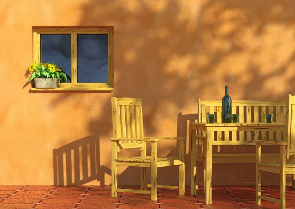 阳光明媚的阳台用鲜花和家具 — 图库照片
