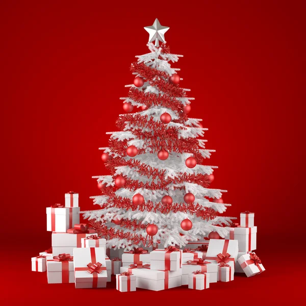 Weißer Weihnachtsbaum auf rotem Hintergrund — Stockfoto