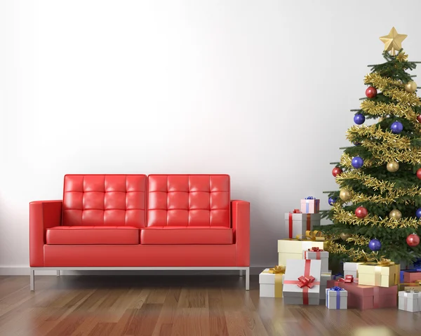 Κόκκινο καναπέ και Χριστούγεννα δέντρο — Φωτογραφία Αρχείου