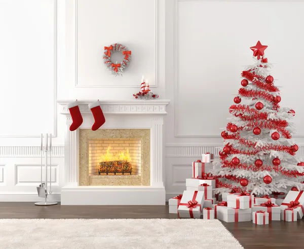 Biało -czerwone wnętrze kominek Boże Narodzenie — Zdjęcie stockowe