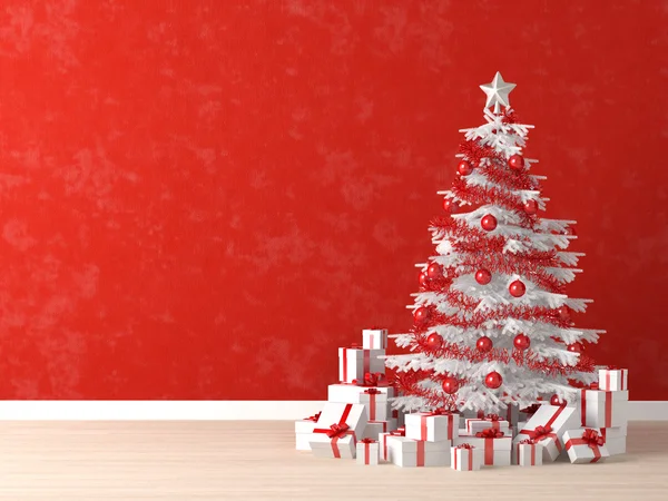 Bílý vánoční strom na červené zdi — Stock fotografie