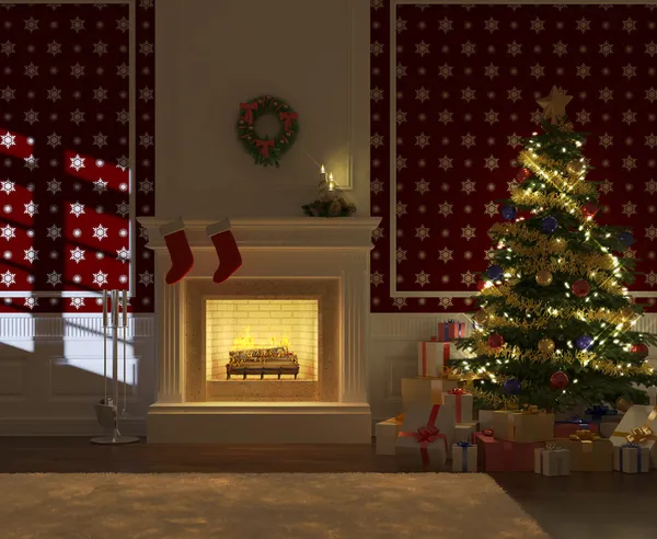 Acogedora chimenea de Navidad decorada vista frontal —  Fotos de Stock