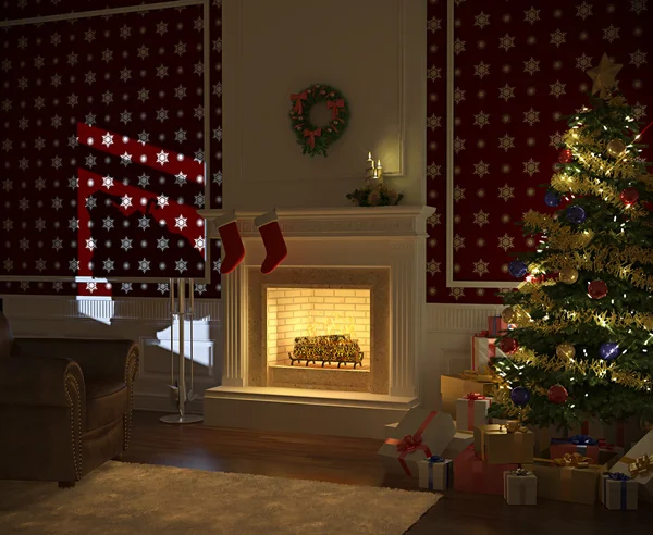 Gemütlicher Weihnachtskamin mit Baum und Geschenken — Stockfoto