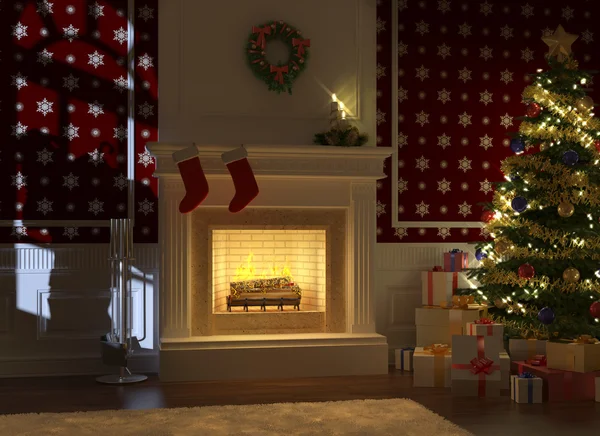 Mysig öppen spis dekorerad i julklapp med santa siluett — Stockfoto