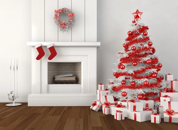 Christmas fireplace white and red — Stock Photo, Image