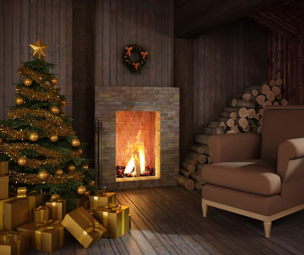 Rustic hutÂ´s fireplace at christmas — Stockfoto