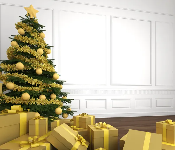 Gouden kerstboom in witte kamer close-up — Stockfoto