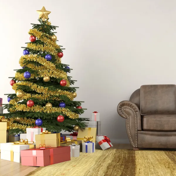 Julgran i vardagsrummet — Stockfoto