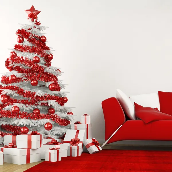 Λευκό και κόκκινο χριστουγεννιάτικο δέντρο σε ένα σύγχρονο σπίτι — Φωτογραφία Αρχείου
