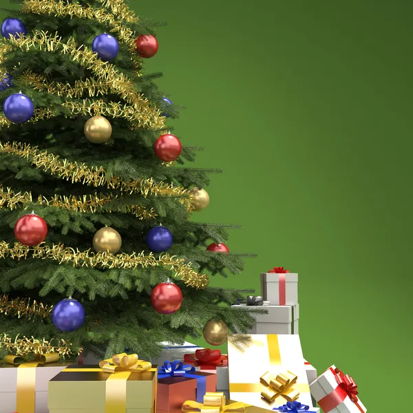 Christmas tree with presents detail on green — Stock Photo, Image