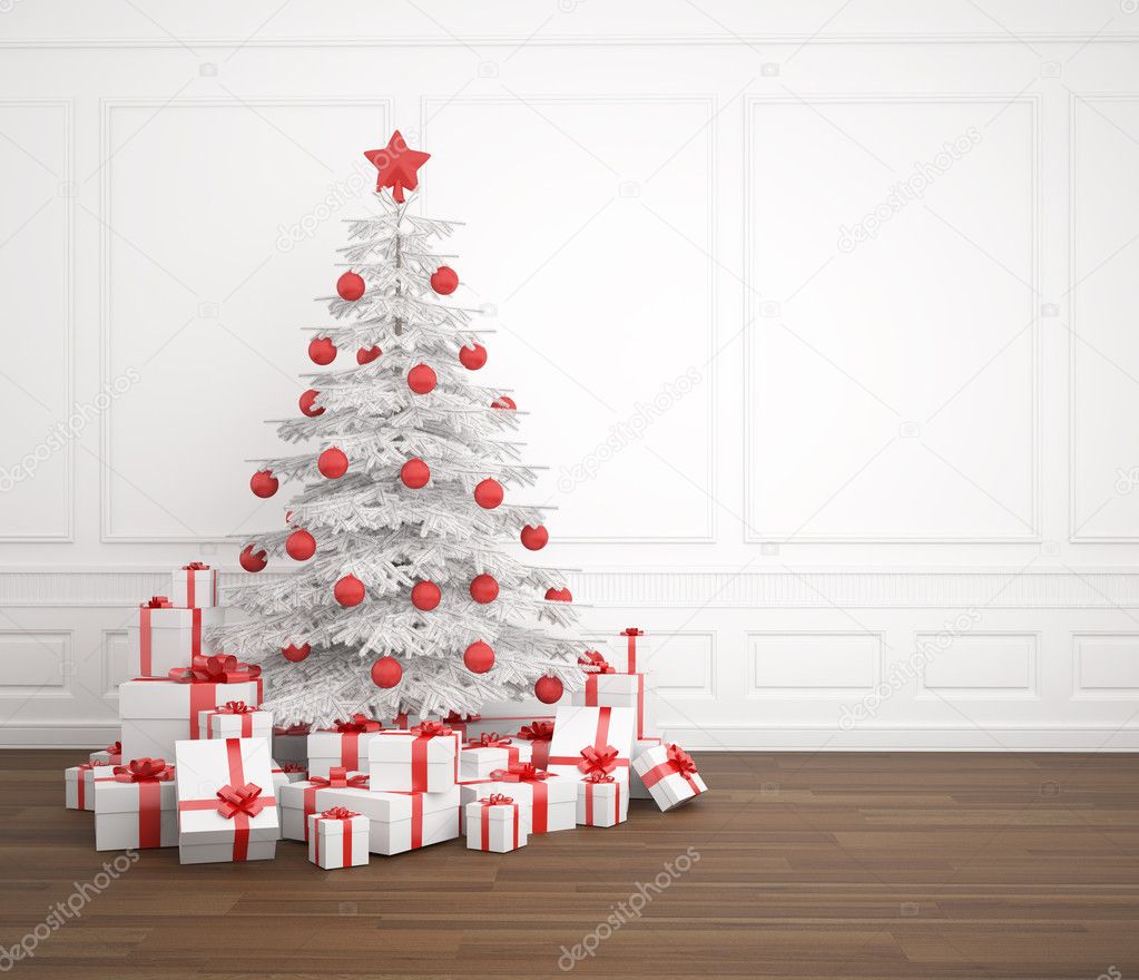 White and red christmas tree in empty room