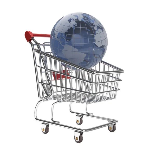 Isolated shopping cart with glass globe world — Stock Photo, Image