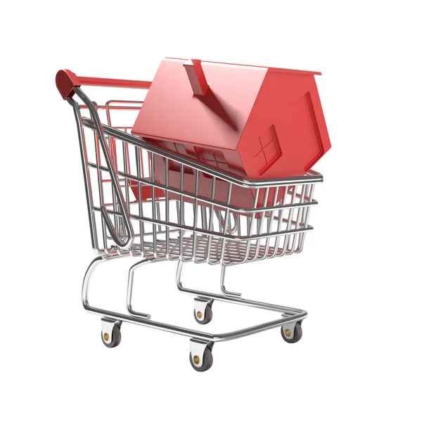 Carrito de compras aislado con casa icono rojo — Foto de Stock