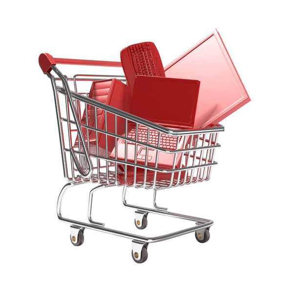 Isolated shopping cart with technology concept