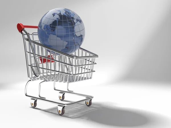 Shopping cart with glass globe world — Stock Photo, Image