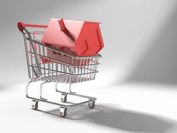 Shopping cart with red icon house — Stock Photo, Image