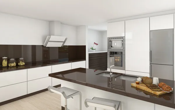 Modern mutfak beyaz, kahverengi — Stok fotoğraf