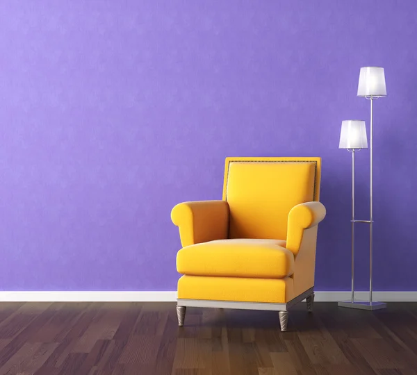 Yellow armchair on violet wall — Stock Photo, Image