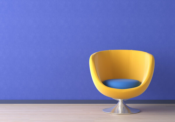 Interior design with yellow chair on blue