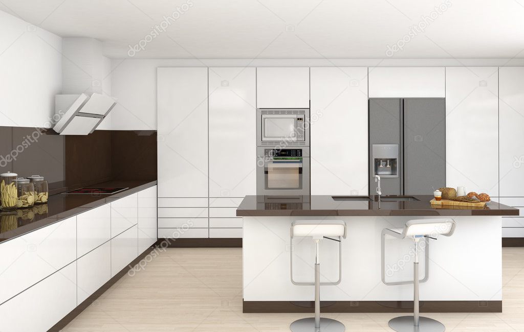 Interior white and brown kitchen