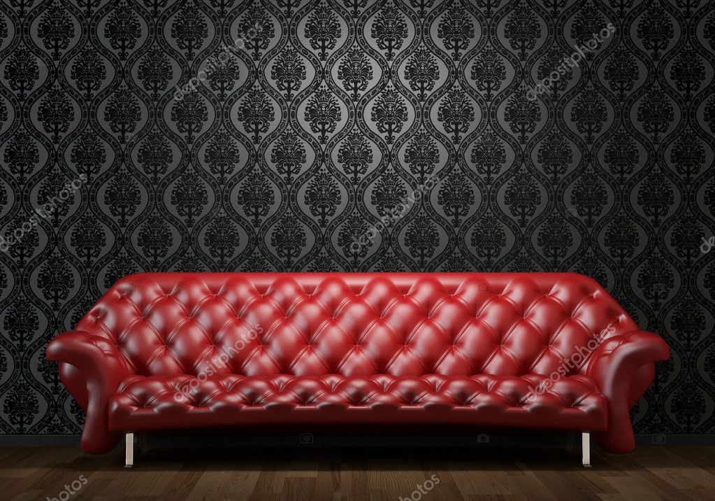 Red Leather Couch On Black Wall Stock, Red And Black Leather Couch