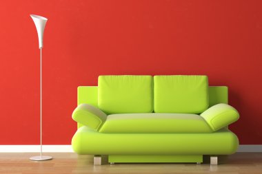 Interior design green couch on red clipart