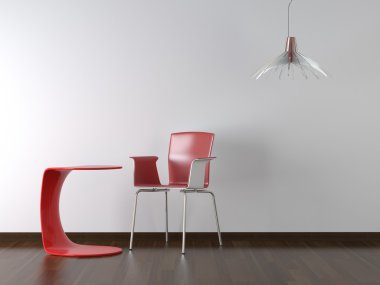 iç tasarım kırmızı sandalye ve masa beyaz