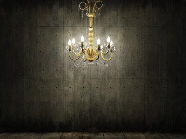 Chandelier in dark grungy concrete room clipart