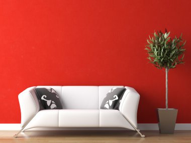 Interior design of white couch on red wall