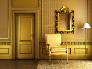 Classic palace interior with armchair mirror and golden molding clipart