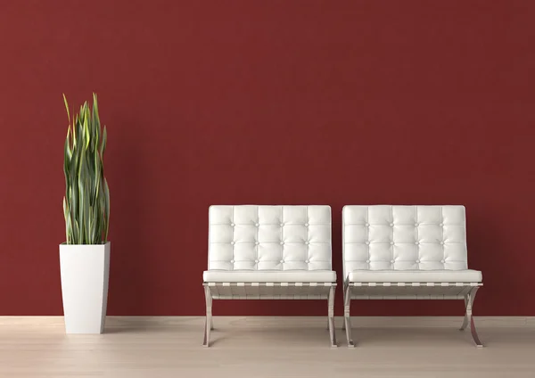 Projektowanie wnętrz dwa białe krzesła na czerwonej ścianie — Zdjęcie stockowe