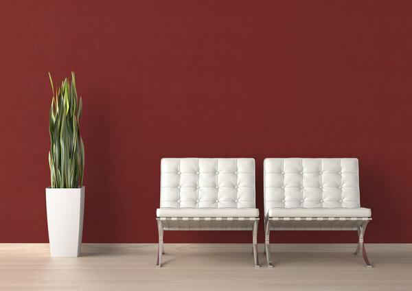 Interior design of two white chair on a red wall