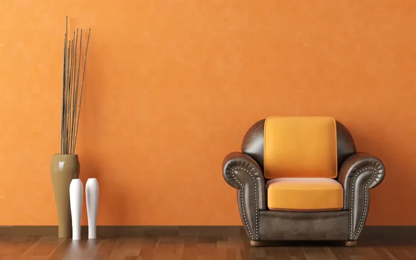 Diseño de interiores pared naranja y sofá marrón —  Fotos de Stock