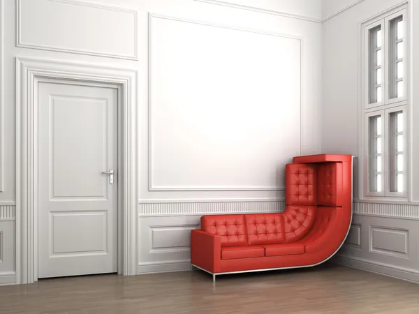 Αναρρίχηση κόκκινο καναπέ σε κλασικό λευκό δωμάτιο — Φωτογραφία Αρχείου